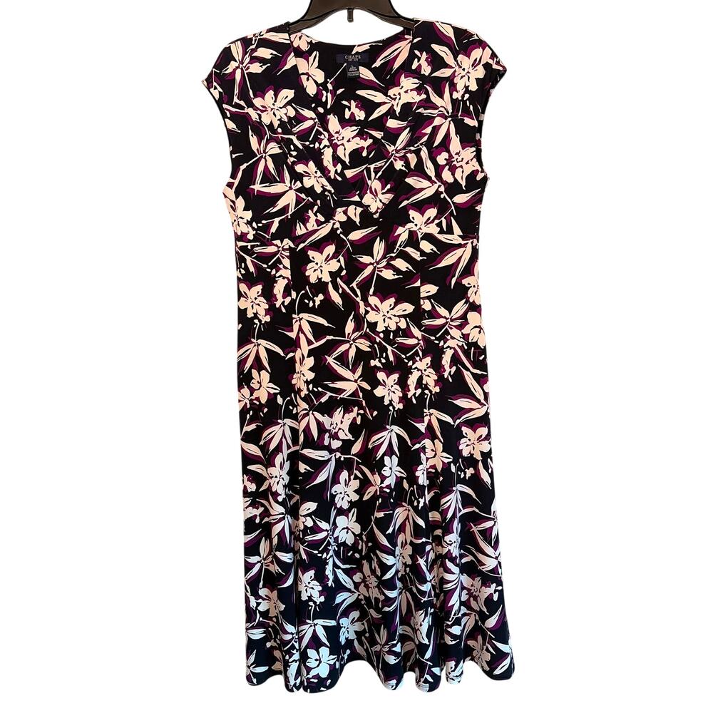 Chaps Floral Womens Large Midi Dress Cap Sleeve Flowy Stretch Summer Cottage